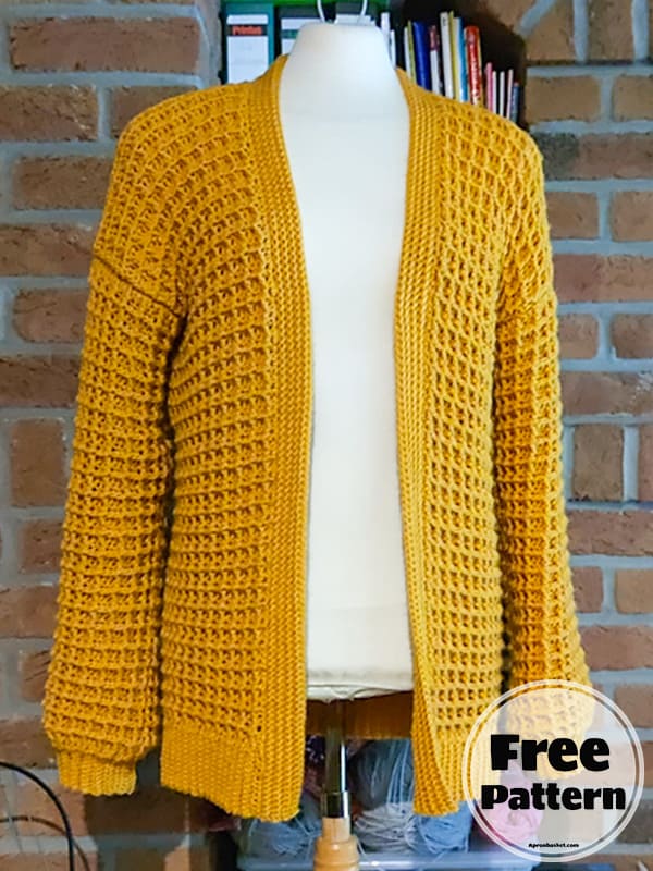 waffle stitch pocket long crochet cardigan