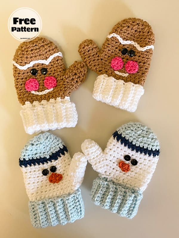 Snowman and Gingerbread Crochet Mittens Free Pattern